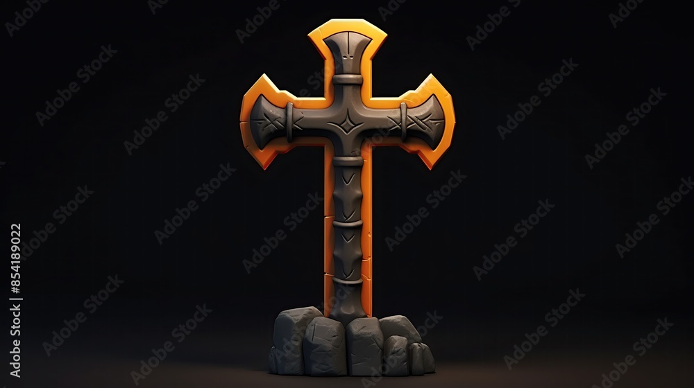 Poster a 3d rendering of a cross. the cross is made of stone with golden accents and has a rough, textured 