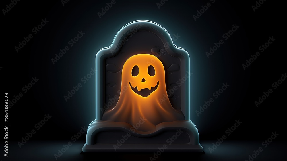 Poster a 3d rendering of a tombstone with a glowing ghost on it. the tombstone is gray and has a spooky fac