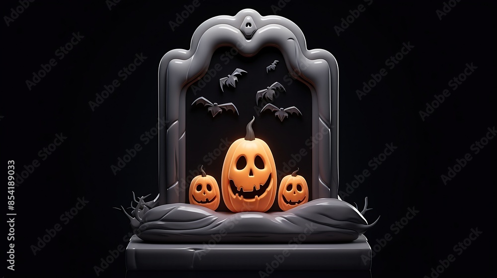 Aufkleber 3d rendering of a halloween tombstone with three jack-o'-lanterns in front of it. the tombstone has 