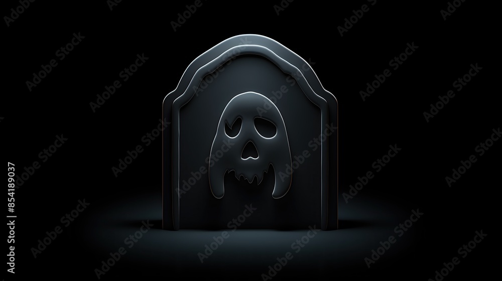 Poster 3d rendering of a dark tombstone with a skull-like face on it. the tombstone is in a dark void with 