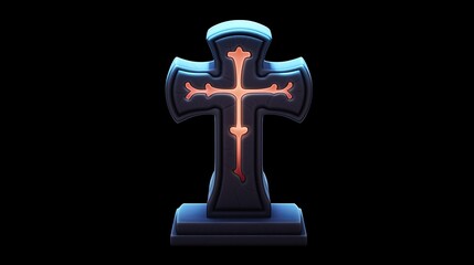 3D illustration of a glowing cross. The cross is made of dark stone and has a red glowing center. It is set on a black background.