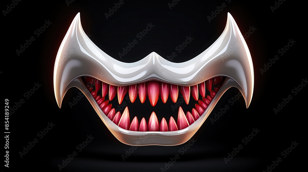 Poster 3d rendering of a creepy smiling mouth with sharp teeth. the mask is white and has a glossy finish.