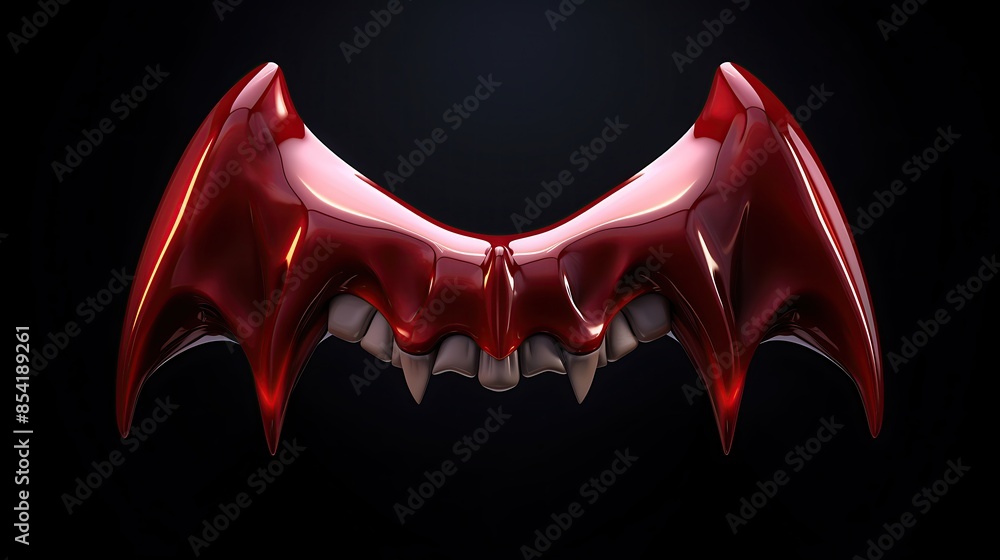 Poster 3d rendering of a red vampire fangs. the image is dark and mysterious, with a focus on the sharp tee