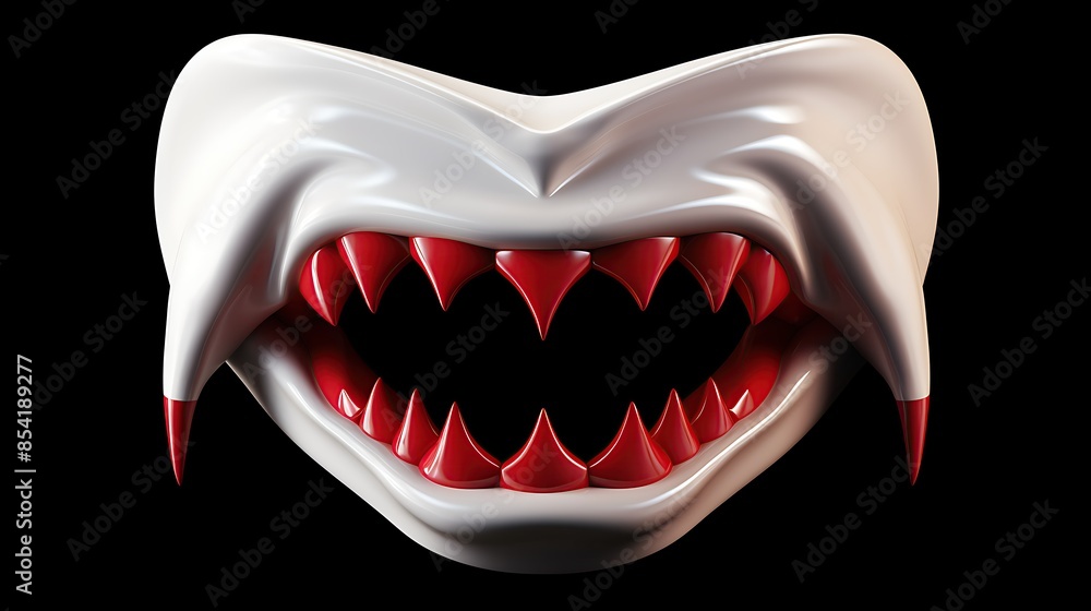 Poster 3d rendering of a white vampire mouth with sharp red teeth. the mouth is open and the teeth are expo