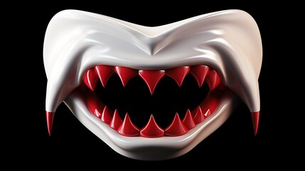 Naklejka premium 3D rendering of a white vampire mouth with sharp red teeth. The mouth is open and the teeth are exposed. The background is black.