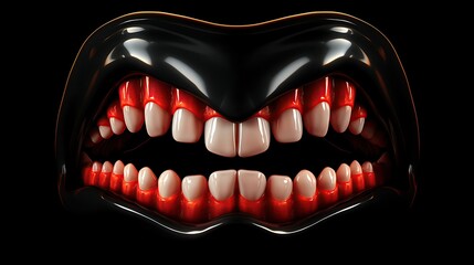 3D illustration of a set of realistic human teeth with dark gums. The teeth are slightly yellowed and have some plaque buildup.