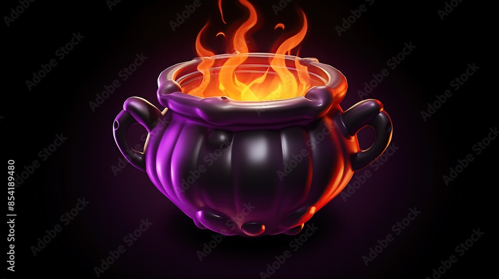 Poster 3d rendering of a magic cauldron with a purple liquid and flames. the cauldron is isolated on a tran