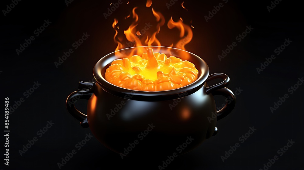 Poster 3d rendering of a black cauldron with a bright orange potion and flames coming out of it. the cauldr
