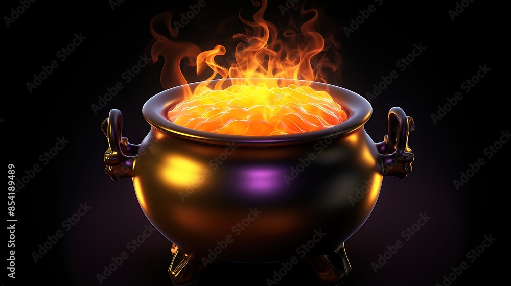 Poster 3d rendering of a cauldron with a boiling magic potion. the cauldron is made of metal and has two ha