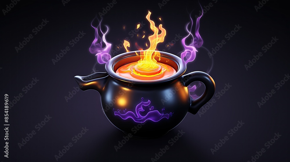 Poster 3d rendering of a magic potion in a cauldron. the cauldron is black and has a purple glow around it.