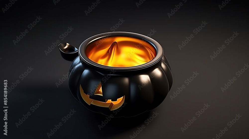 Poster 3d rendering of a black cauldron with a glowing orange flame inside. the cauldron has a carved face 