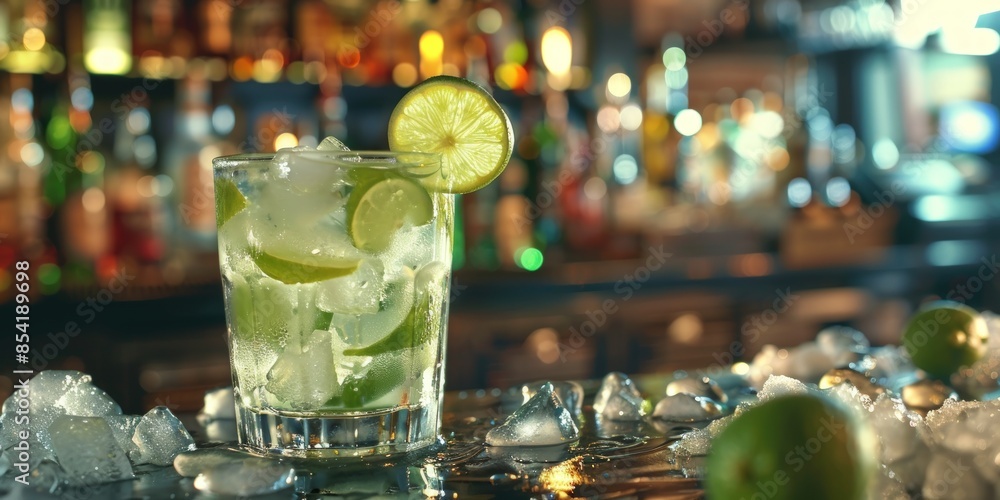 Poster a glass of limeade with a lime wedge on top. generate ai image