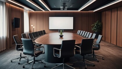 A contemporary conference room with large screens and modern lighting, ideal for collaborative work and strategic planning