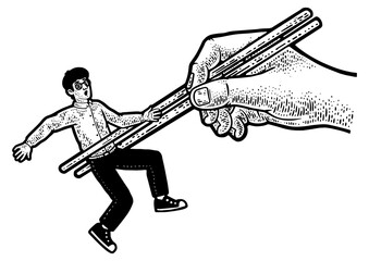 Chopsticks with man as food line art sketch engraving PNG illustration. T-shirt apparel print design. Scratch board imitation. Black and white hand drawn image.