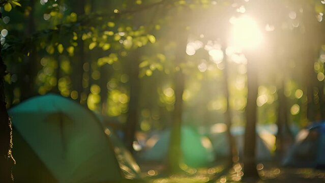 Shadowy outlines of tents standing tall against the blurry backdrop of trees.