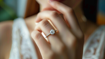 Woman in wedding dress elegantly touches her chin, wearing a stunning diamond ring symbolizing love and happiness