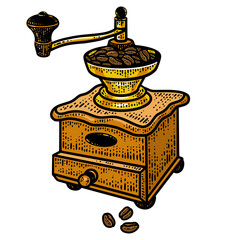Old coffee grinder color line art sketch engraving PNG illustration. T-shirt apparel print design. Scratch board imitation. Black and white hand drawn image.