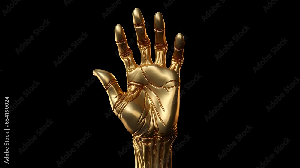 Poster 3d rendering of a gold hand with fingers outstretched. the hand is in the center of the image with a