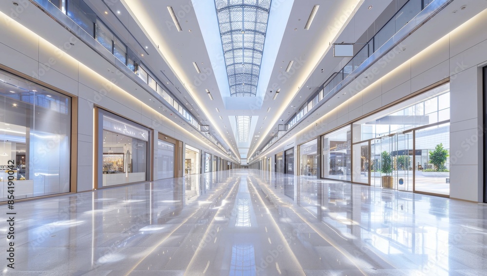 Poster empty shopping mall with sleek and modern architecture, featuring high ceilings adorned with led lig