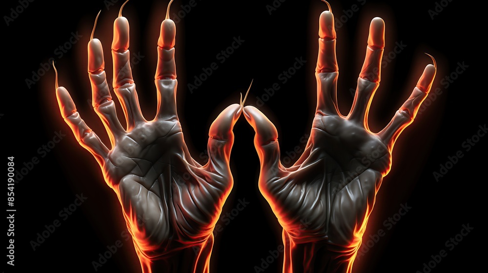 Poster 3d rendering of a pair of creepy hands with long, sharp claws. the hands are held up in front of a b