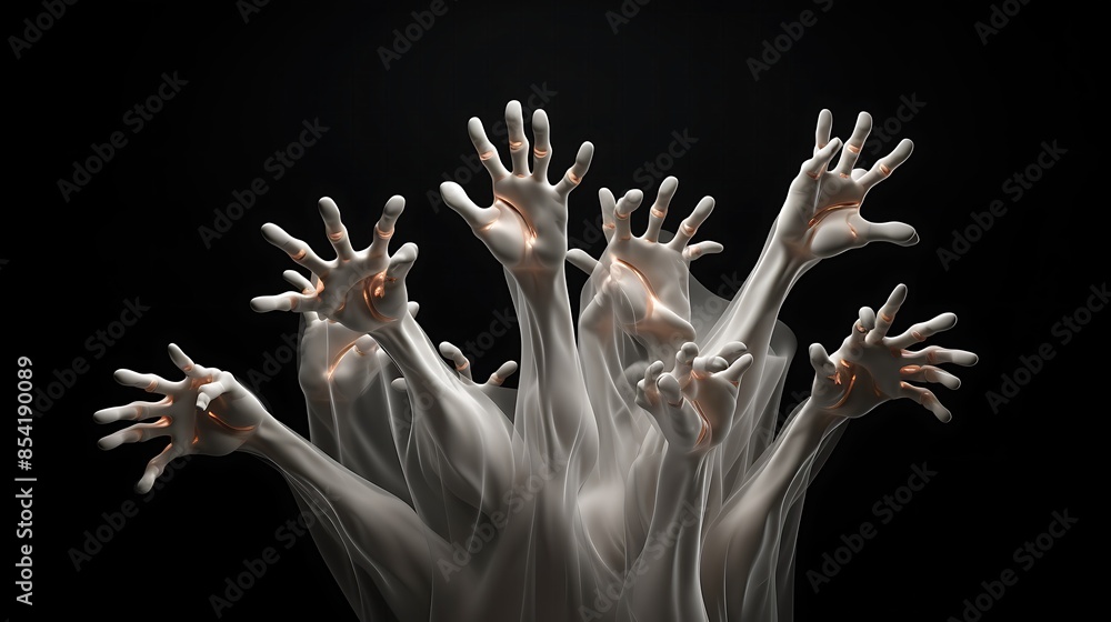 Poster 3d rendering of a group of hands reaching out from a dark background. the hands are made of a white 