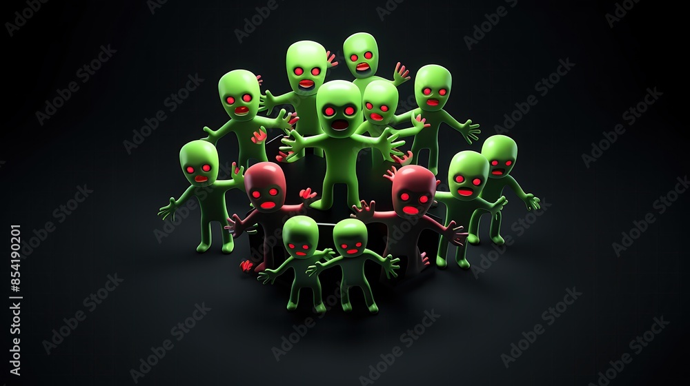Poster 3d rendering of a group of green aliens with red eyes. the aliens are standing in a circle and looki