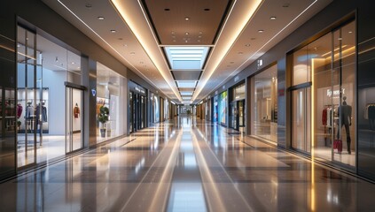 Fototapeta premium spacious and well-lit corridors of the shopping mall, with glass doors on both sides leading to different stores The ceiling is adorned with decorative lighting Generative AI