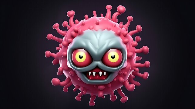 This is a 3D rendering of a cartoon virus. The virus is pink and has a grey face with yellow eyes and sharp teeth. It is surrounded by red spikes. - Powered by Adobe