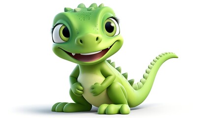 Fototapeta premium Cute green dinosaur smiling. 3D rendering of a cartoon dinosaur character. The dinosaur is sitting on a white background and looking at the camera.