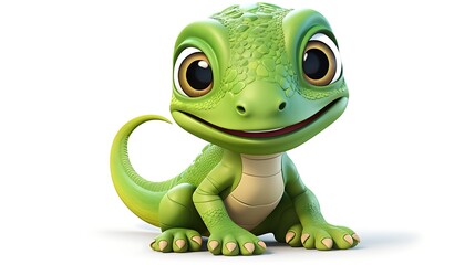 Fototapeta premium Cute green lizard sitting on a white background, 3D rendering, cartoon style.