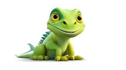 Fototapeta premium A cute green lizard is sitting on a white background. It has big yellow eyes and a friendly smile. The lizard is looking at the camera.