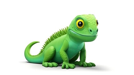 Fototapeta premium A cute and friendly green iguanaðŸ¦Ž is sitting on a white background. The iguana has big, yellow eyes and a happy expression on its face.