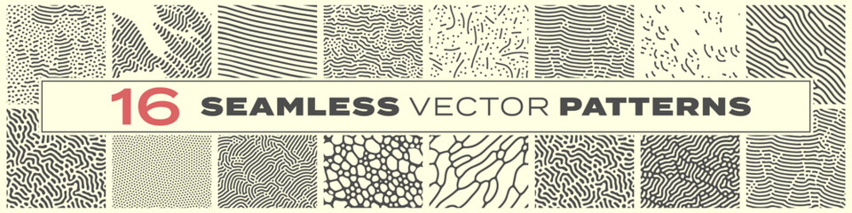 Abstract lines seamless patterns, vector modern trnedy backgrounds set. Organic patterns with color memphis dots and irregular doodle lines, squiggle texture creative design