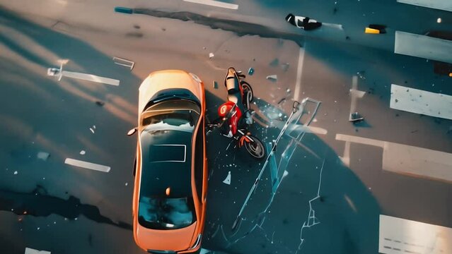 Animated overhead view of traffic accident involving a car and a damaged motorcycle at an intersection with scattered debris. Dramatic situation when complying with traffic regulations