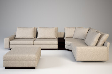 Arafed sectional sofa with ottoman and coffee table in a room