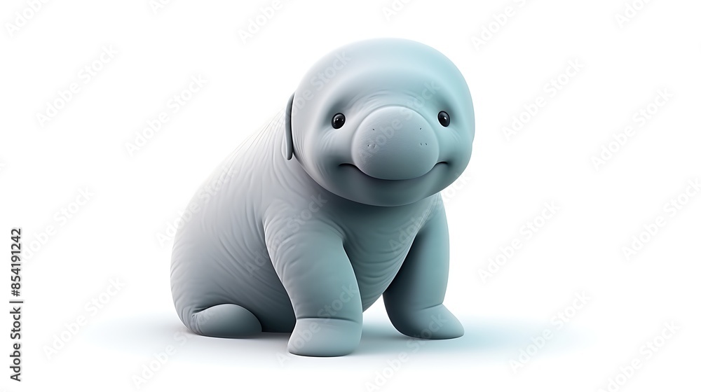 Poster 3d rendering of a cute and friendly cartoon manatee. the manatee is sitting on a white background an