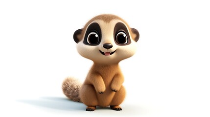 Fototapeta premium Meerkat standing on his hind legs looking at the camera with a happy expression on his face. He has big eyes, a small nose, and a long tail.