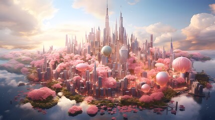 3D illustration of a futuristic city with pink flowers. 3D rendering