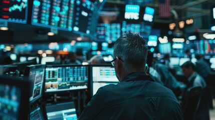 Photograph of a bustling stock market trading floor with traders monitoring screens and making deals amidst the excitement.