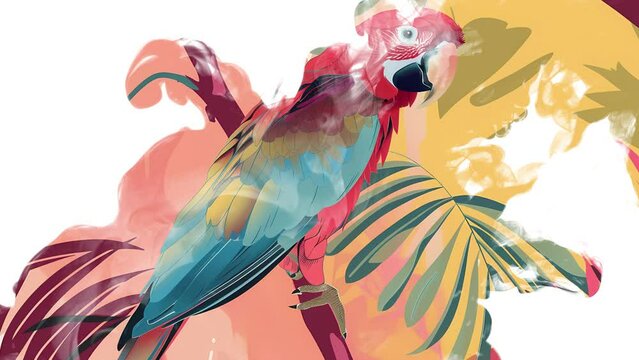 Parrot Ara Illustration in the Jungle with Colourful Scenery for Zoos or Nature Preservaton Projects Ink Drop Animation Video.