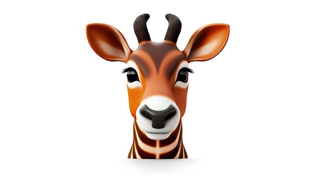 3D rendering of a cute cartoon bongo antelope head with big eyes and a pink nose, isolated on a white background.