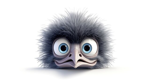 A cute and fluffy ostrich chick with big blue eyes looks at the camera with a curious expression. It has a soft, feathery coat and a long, thin neck. - Powered by Adobe