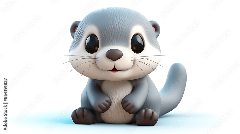 Poster a cute and cuddly 3d rendering of an otter. the otter is sitting on a white background and looking a