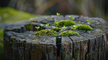 Photograph of a close-up view of a weathered and moss-covered tree stump, revealing the intricate patterns of its annual growth rings, with tiny seedlings sprouting from the cracks.