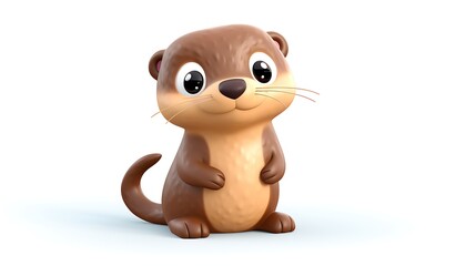 This is an adorable 3D rendering of an otter. The otter is sitting on a white background and looking at the camera with its big, round eyes.