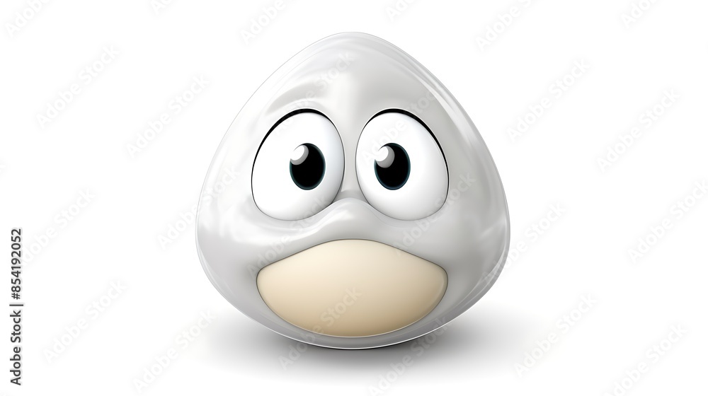 Poster 3d rendering of a cute and simple white cartoon character with big eyes and a mouth. the character h