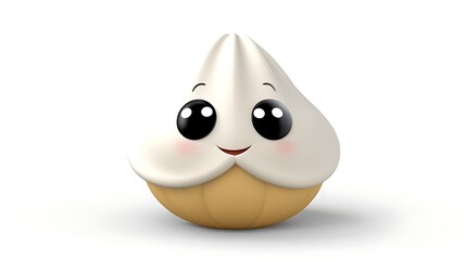 3D rendering of a cute cartoon cupcake with big eyes and a happy smiling face.