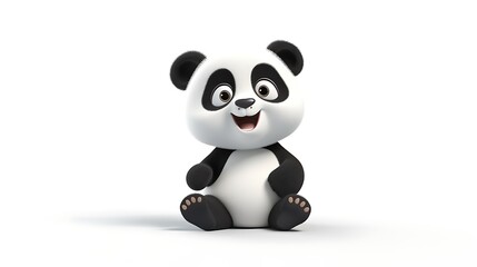Naklejka premium 3D rendering of a cute cartoon panda sitting on a white background. The panda has black and white fur, with big black eyes and a pink nose.