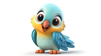 Cute cartoon bird with big eyes and a friendly smile. The bird has bright blue and yellow feathers and is standing on two feet.