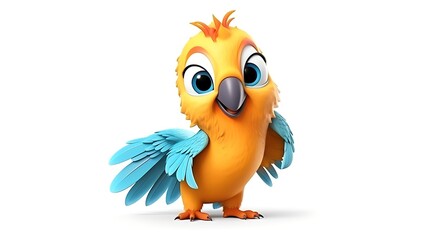 Fototapeta premium A cute and colorful cartoon parrot with bright blue wings and a yellow body. The parrot has big, round eyes and a friendly expression on its face.